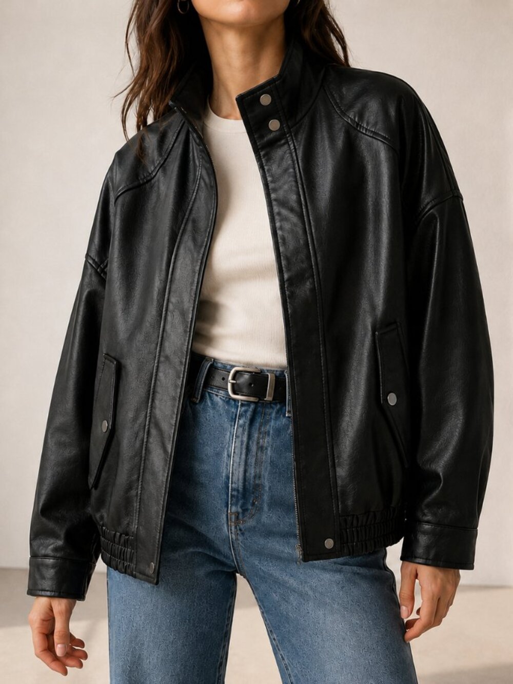 NWT Ci Sono Black Vegan Leather Bomber Jacket - Size Medium